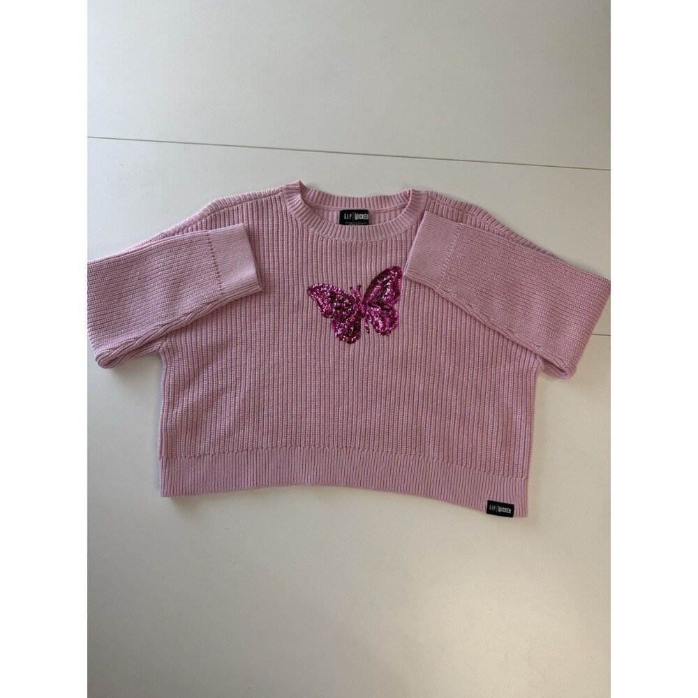 Gap Wicked Pink Butterfly Sequin Sweater Women’s L Boxy Fit Cropped Coquette